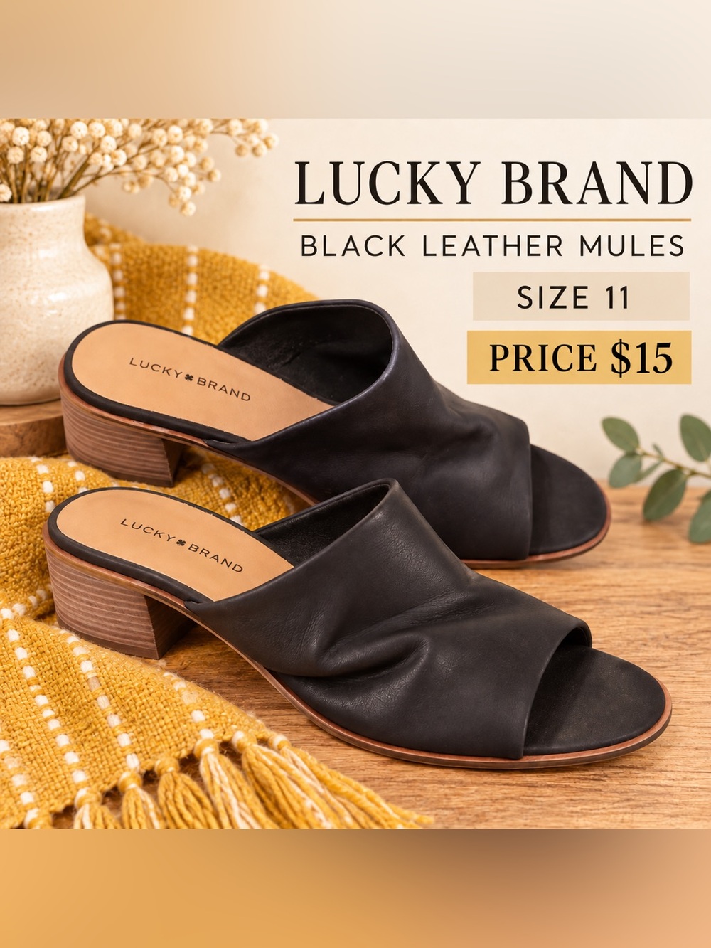 Lucky Brand Black Leather Slide Mules with Block Heel